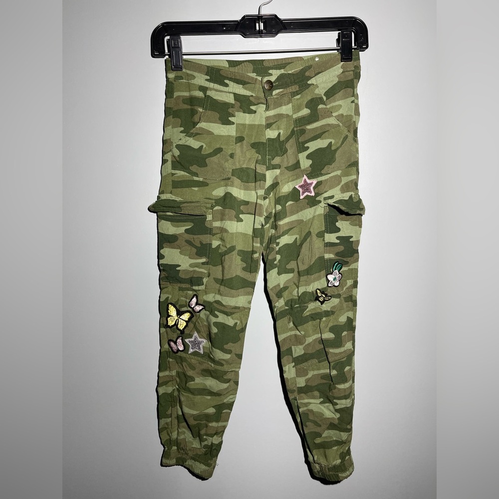 Justice Green Camouflage Cargo Pants with Butterfly Accents